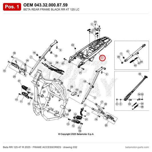 BETA REAR FRAME BLACK RR 4T 125 LC – OEM 043.32.000.87.59, position 1 on the Beta RR 125 4T R 2025 frame accessories drawing