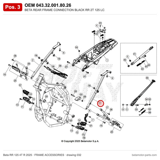 BETA REAR FRAME CONNECTION BLACK RR 2T 125 LC – OEM 043.32.001.80.26, position 3 on the Beta RR 125 4T R 2025 frame accessories drawing