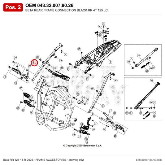 BETA REAR FRAME CONNECTION BLACK RR 4T 125 LC – OEM 043.32.007.80.26, position 2 on the Beta RR 125 4T R 2025 frame accessories drawing