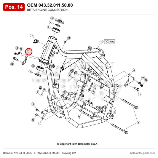 BETA ENGINE CONNECTION – OEM 043.32.011.50.00, position 14 on the Beta RR 125 4T R 2025 frame/sub frame drawing