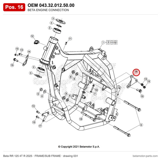 BETA ENGINE CONNECTION – OEM 043.32.012.50.00, position 16 on the Beta RR 125 4T R 2025 frame/sub frame drawing