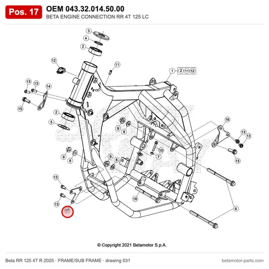 BETA ENGINE CONNECTION RR 4T 125 LC – OEM 043.32.014.50.00, position 17 on the Beta RR 125 4T R 2025 frame/sub frame drawing