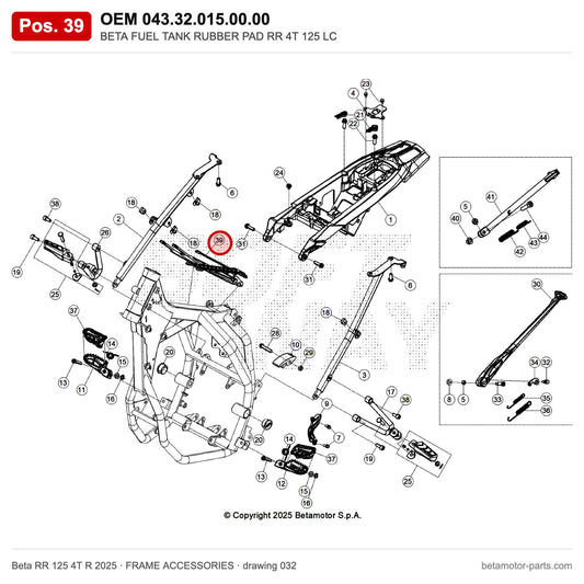 BETA FUEL TANK RUBBER PAD RR 4T 125 LC – OEM 043.32.015.00.00, position 39 on the Beta RR 125 4T R 2025 frame accessories drawing
