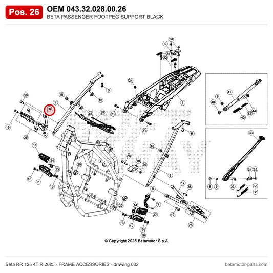BETA PASSENGER FOOTPEG SUPPORT BLACK – OEM 043.32.028.00.26, position 26 on the Beta RR 125 4T R 2025 frame accessories drawing