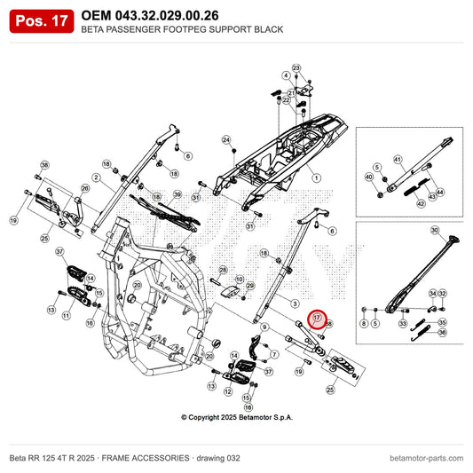 BETA PASSENGER FOOTPEG SUPPORT BLACK – OEM 043.32.029.00.26, position 17 on the Beta RR 125 4T R 2025 frame accessories drawing