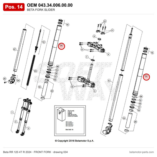 BETA FORK SLIDER – OEM 043.34.006.00.00, position 14 on the Beta RR 125 4T R 2024 front fork drawing