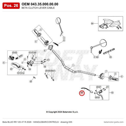 BETA CLUTCH LEVER CABLE – OEM 043.35.000.00.00, position 26 on the Beta BLUE RR 125 4T R 2026 handlebar/controls drawing