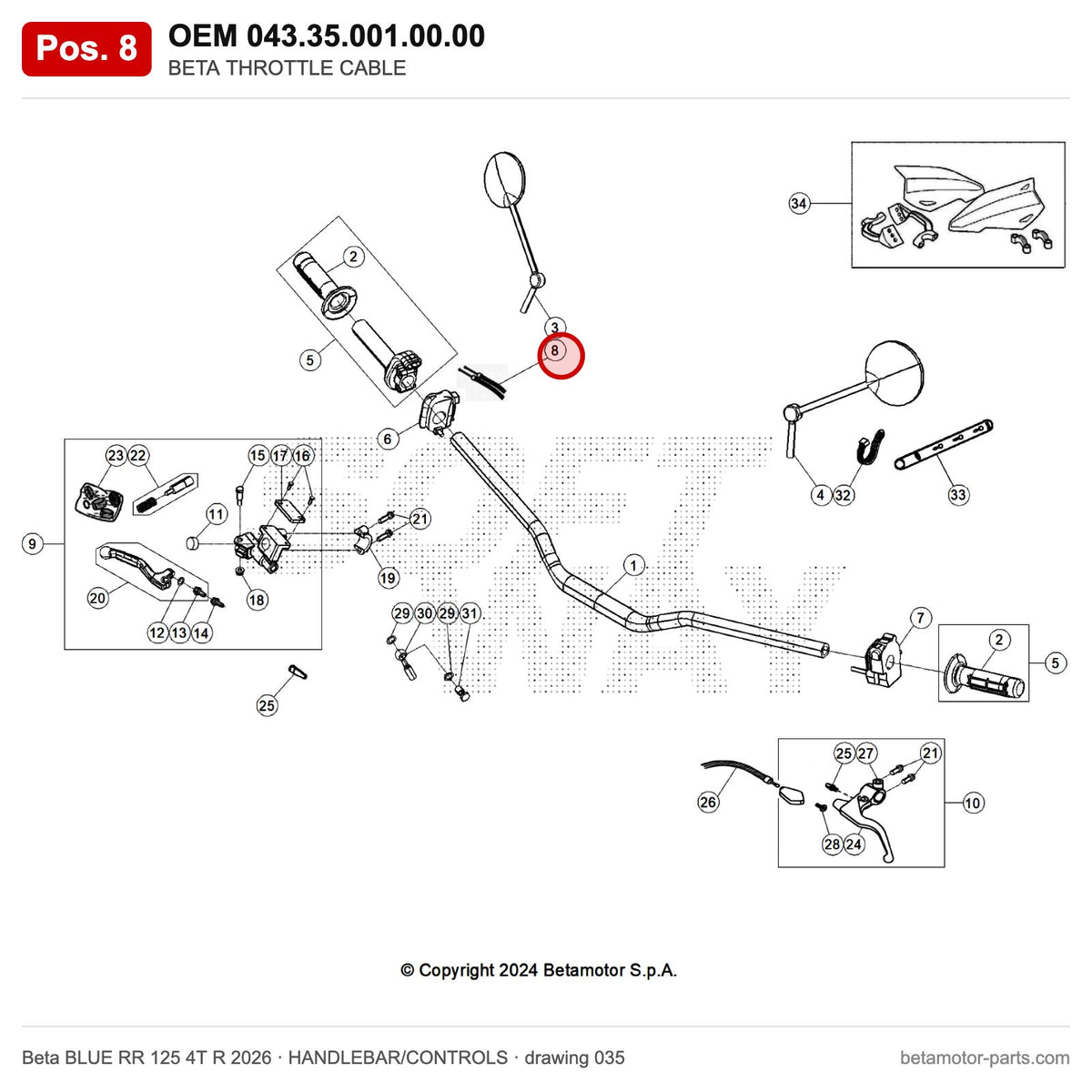 BETA THROTTLE CABLE – OEM 043.35.001.00.00, position 8 on the Beta BLUE RR 125 4T R 2026 handlebar/controls drawing