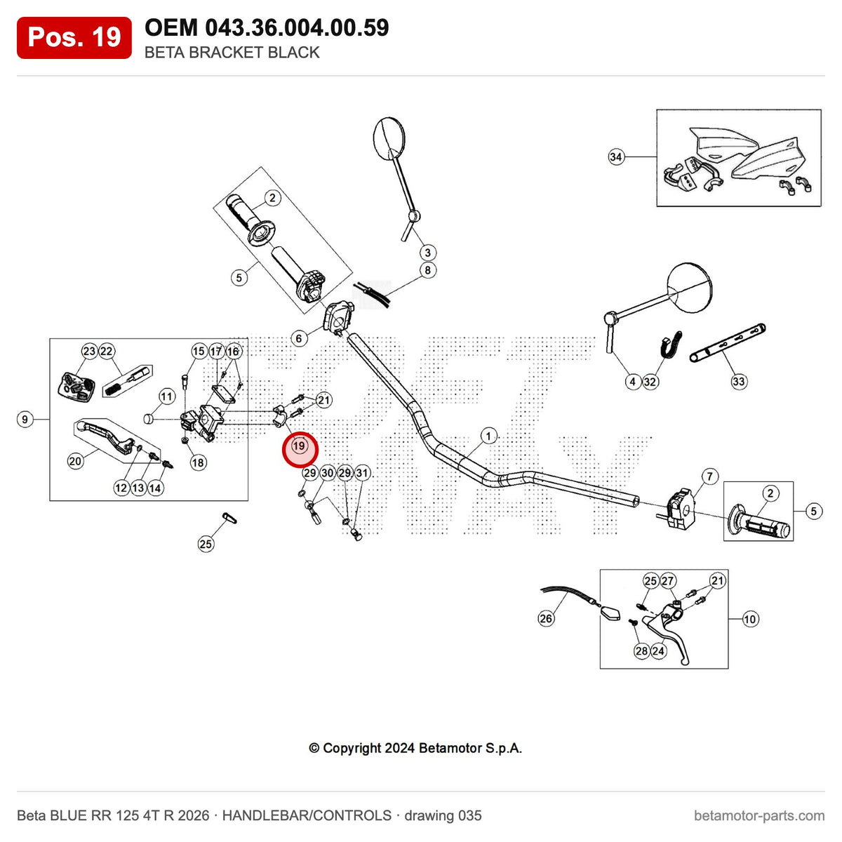 BETA BRACKET BLACK – OEM 043.36.004.00.59, position 19 on the Beta BLUE RR 125 4T R 2026 handlebar/controls drawing