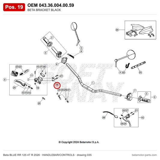 BETA BRACKET BLACK – OEM 043.36.004.00.59, position 19 on the Beta BLUE RR 125 4T R 2026 handlebar/controls drawing