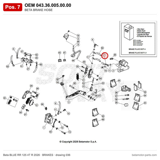 BETA BRAKE HOSE – OEM 043.36.005.00.00, position 7 on the Beta BLUE RR 125 4T R 2026 brakes drawing