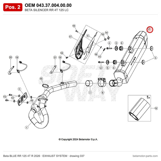 BETA SILENCER RR 4T 125 LC – OEM 043.37.004.00.00, position 2 on the Beta BLUE RR 125 4T R 2026 exhaust system drawing