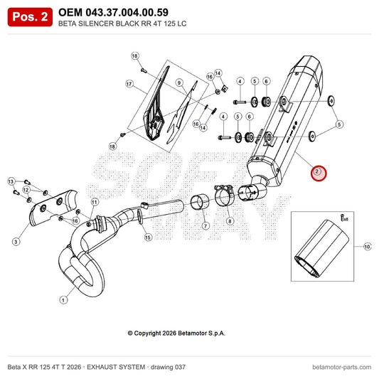 BETA SILENCER BLACK RR 4T 125 LC – OEM 043.37.004.00.59, position 2 on the Beta X RR 125 4T T 2026 exhaust system drawing