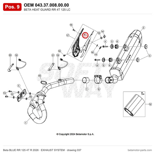 BETA HEAT GUARD RR 4T 125 LC – OEM 043.37.008.00.00, position 9 on the Beta BLUE RR 125 4T R 2026 exhaust system drawing