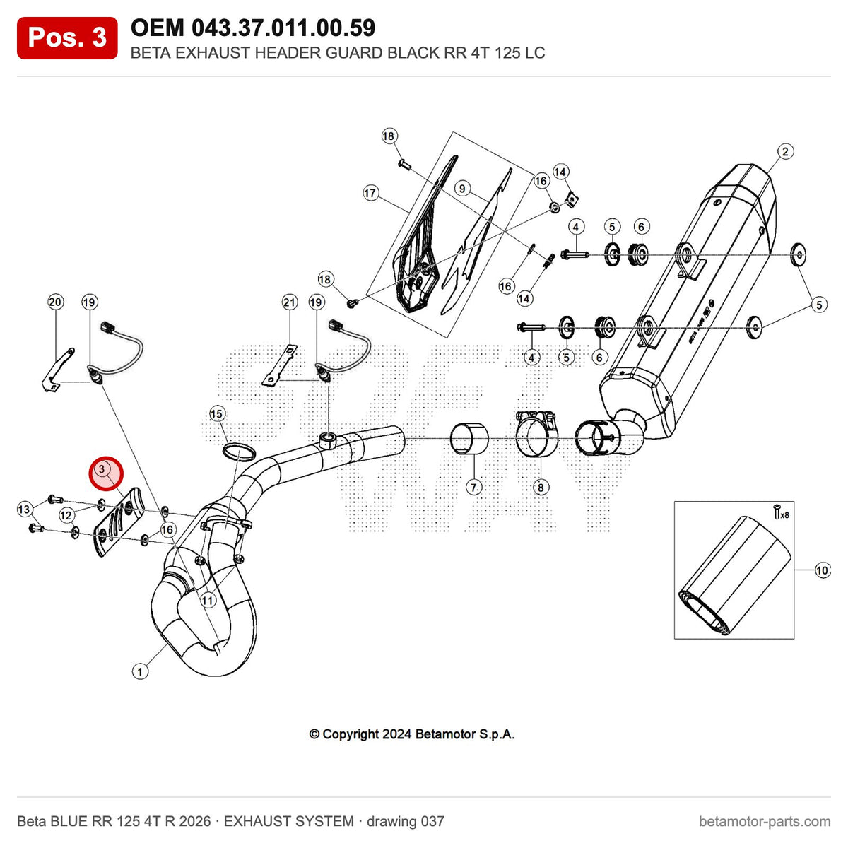 BETA EXHAUST HEADER GUARD BLACK RR 4T 125 LC – OEM 043.37.011.00.59, position 3 on the Beta BLUE RR 125 4T R 2026 exhaust system drawing