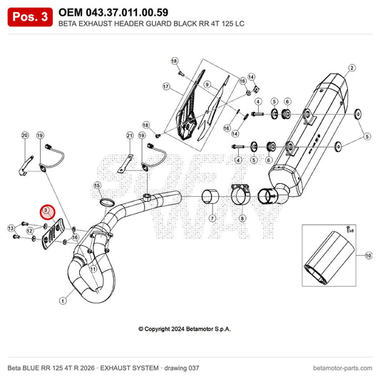 BETA EXHAUST HEADER GUARD BLACK RR 4T 125 LC – OEM 043.37.011.00.59, position 3 on the Beta BLUE RR 125 4T R 2026 exhaust system drawing