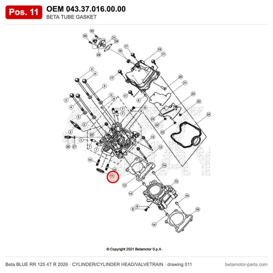 BETA TUBE GASKET – OEM 043.37.016.00.00, position 11 on the Beta BLUE RR 125 4T R 2026 cylinder/cylinder head/valvetrain drawing