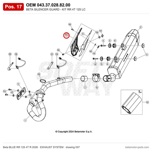 BETA SILENCER GUARD - KIT RR 4T 125 LC – OEM 043.37.028.82.00, position 17 on the Beta BLUE RR 125 4T R 2026 exhaust system drawing