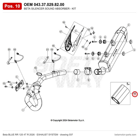 BETA SILENCER SOUND ABSORBER - KIT – OEM 043.37.029.82.00, position 10 on the Beta BLUE RR 125 4T R 2026 exhaust system drawing