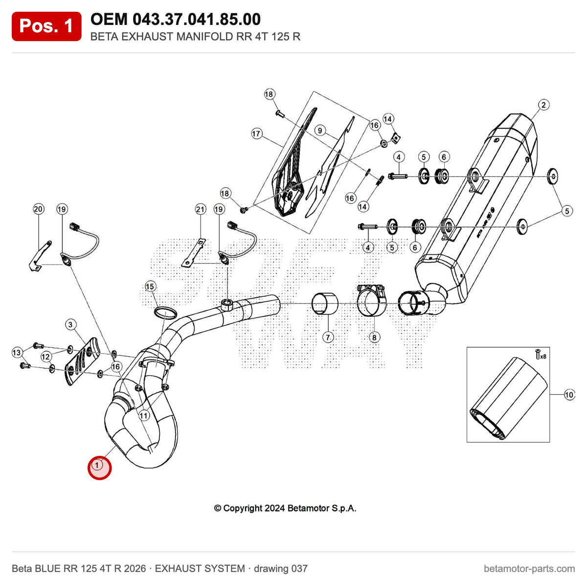 BETA EXHAUST MANIFOLD RR 4T 125 R – OEM 043.37.041.85.00, position 1 on the Beta BLUE RR 125 4T R 2026 exhaust system drawing