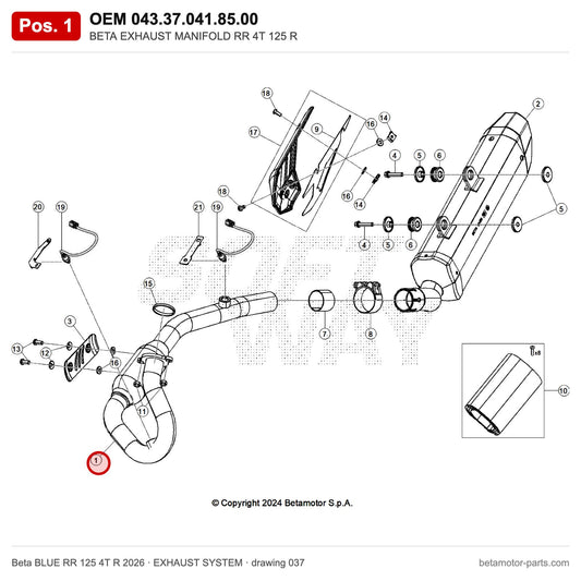 BETA EXHAUST MANIFOLD RR 4T 125 R – OEM 043.37.041.85.00, position 1 on the Beta BLUE RR 125 4T R 2026 exhaust system drawing
