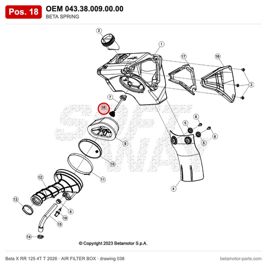 BETA SPRING – OEM 043.38.009.00.00, position 18 on the Beta X RR 125 4T T 2026 air filter box drawing