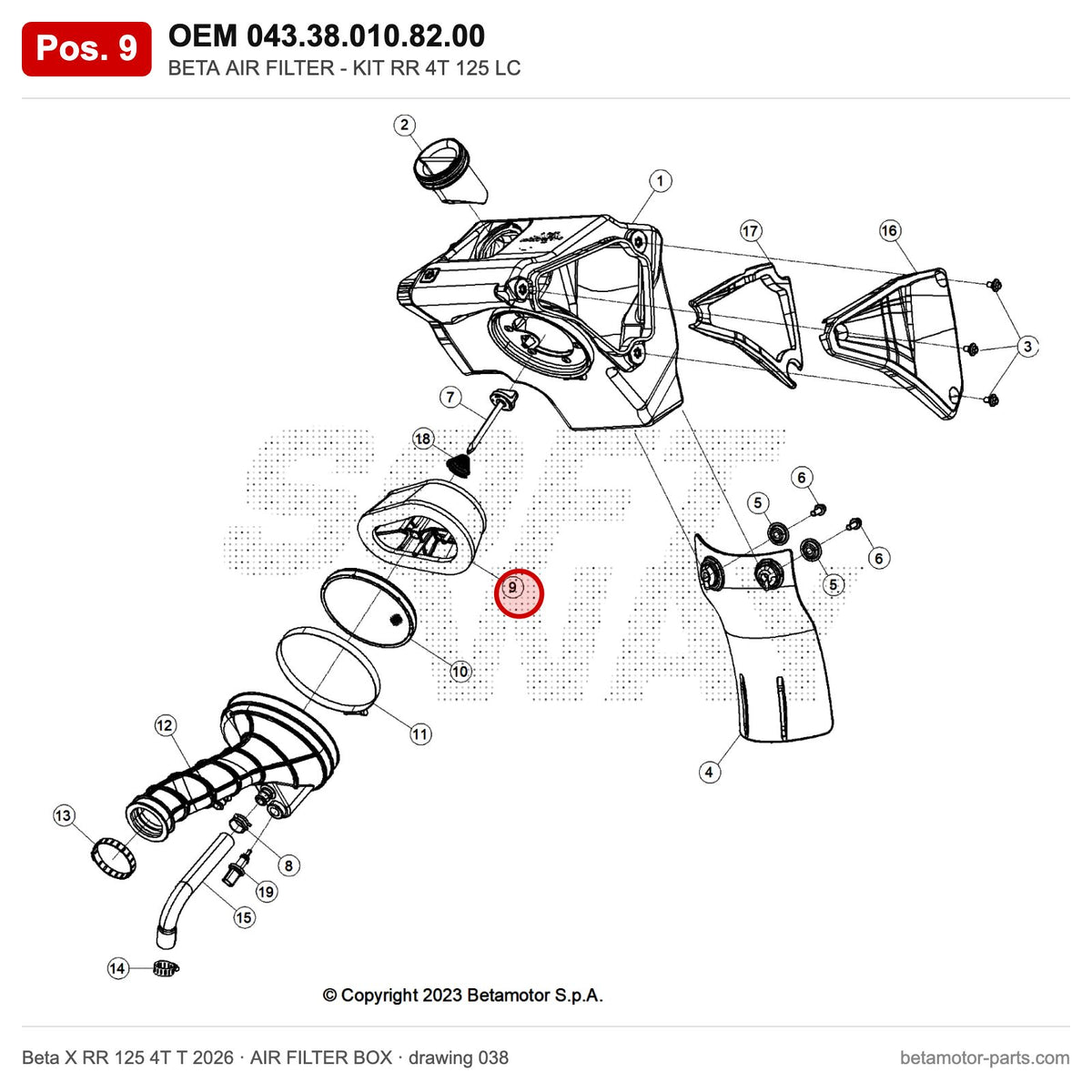 BETA AIR FILTER - KIT RR 4T 125 LC – OEM 043.38.010.82.00, position 9 on the Beta X RR 125 4T T 2026 air filter box drawing