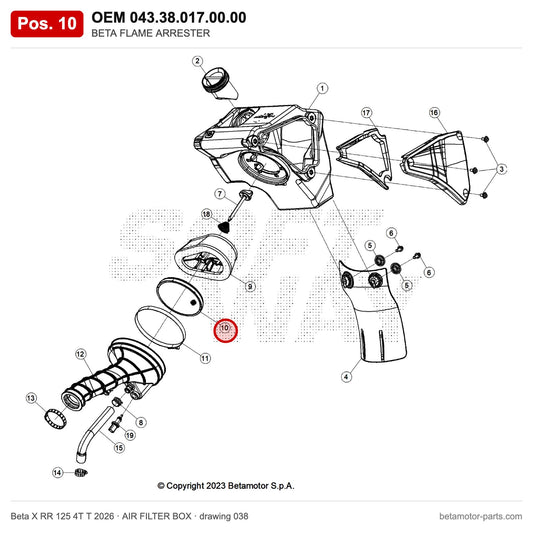 BETA FLAME ARRESTER – OEM 043.38.017.00.00, position 10 on the Beta X RR 125 4T T 2026 air filter box drawing