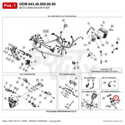 BETA CARBURETOR PUMP – OEM 043.40.000.80.00, position 1 on the Beta X RR 125 4T T 2026 wiring harness drawing