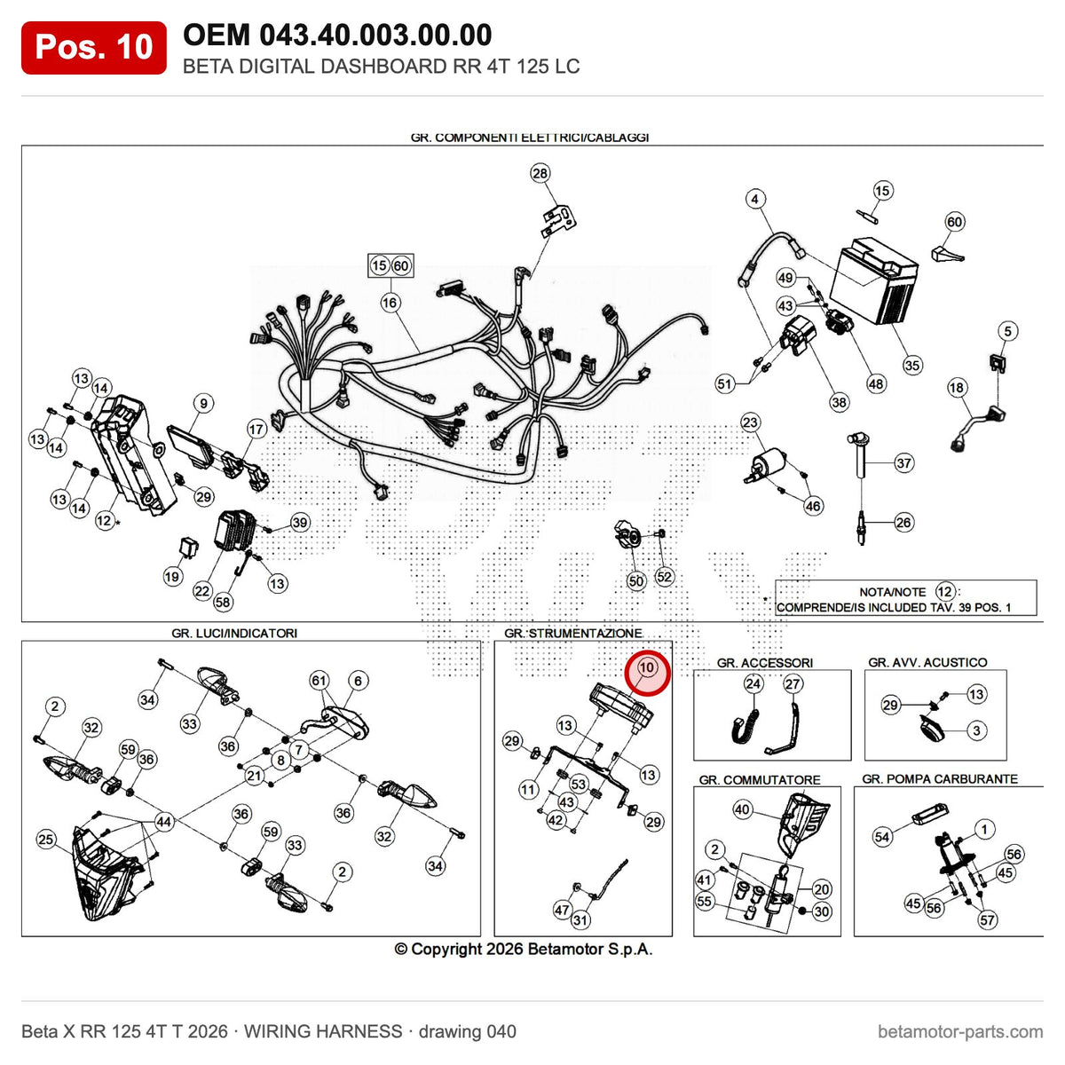 BETA DIGITAL DASHBOARD RR 4T 125 LC – OEM 043.40.003.00.00, position 10 on the Beta X RR 125 4T T 2026 wiring harness drawing