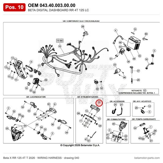 BETA DIGITAL DASHBOARD RR 4T 125 LC – OEM 043.40.003.00.00, position 10 on the Beta X RR 125 4T T 2026 wiring harness drawing