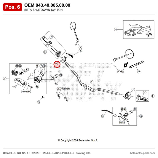 BETA SHUTDOWN SWITCH – OEM 043.40.005.00.00, position 6 on the Beta BLUE RR 125 4T R 2026 handlebar/controls drawing