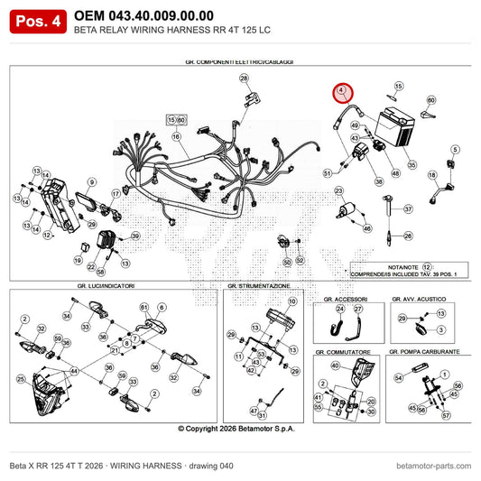 BETA RELAY WIRING HARNESS RR 4T 125 LC – OEM 043.40.009.00.00, position 4 on the Beta X RR 125 4T T 2026 wiring harness drawing