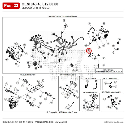 BETA COIL RR 4T 125 LC – OEM 043.40.012.00.00, position 23 on the Beta BLACK RR 125 4T R 2025 wiring harness drawing