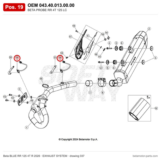 BETA PROBE RR 4T 125 LC – OEM 043.40.013.00.00, position 19 on the Beta BLUE RR 125 4T R 2026 exhaust system drawing