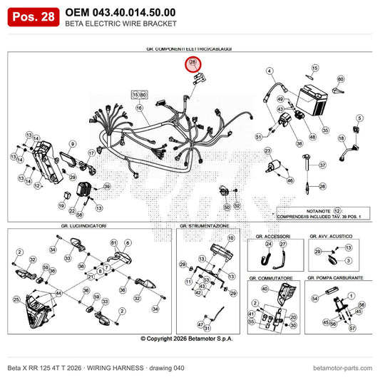 BETA ELECTRIC WIRE BRACKET – OEM 043.40.014.50.00, position 28 on the Beta X RR 125 4T T 2026 wiring harness drawing