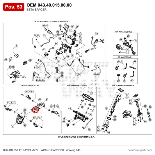 BETA SPACER – OEM 043.40.015.00.00, position 53 on the Beta RR 350 4T X-PRO MY27 wiring harness drawing
