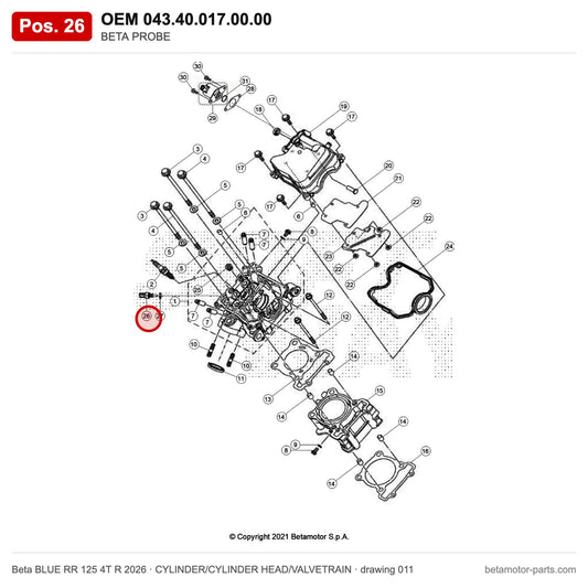 BETA PROBE – OEM 043.40.017.00.00, position 26 on the Beta BLUE RR 125 4T R 2026 cylinder/cylinder head/valvetrain drawing