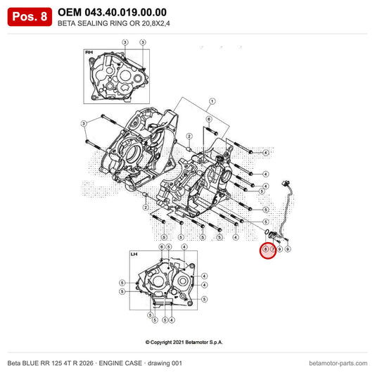 BETA SEALING RING OR 20,8X2,4 – OEM 043.40.019.00.00, position 8 on the Beta BLUE RR 125 4T R 2026 engine case drawing