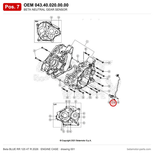 BETA NEUTRAL GEAR SENSOR – OEM 043.40.020.00.00, position 7 on the Beta BLUE RR 125 4T R 2026 engine case drawing