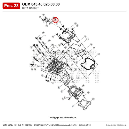 BETA GASKET – OEM 043.40.025.00.00, position 28 on the Beta BLUE RR 125 4T R 2026 cylinder/cylinder head/valvetrain drawing