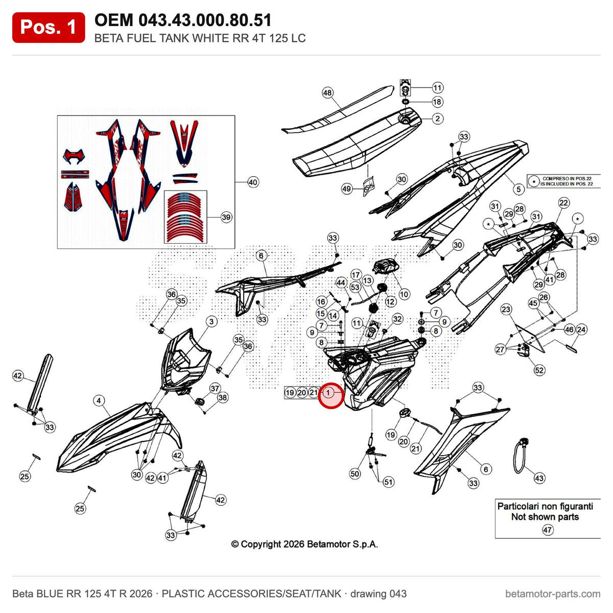 BETA FUEL TANK WHITE RR 4T 125 LC – OEM 043.43.000.80.51, position 1 on the Beta BLUE RR 125 4T R 2026 plastic accessories/seat/tank drawing