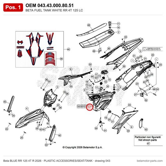 BETA FUEL TANK WHITE RR 4T 125 LC – OEM 043.43.000.80.51, position 1 on the Beta BLUE RR 125 4T R 2026 plastic accessories/seat/tank drawing