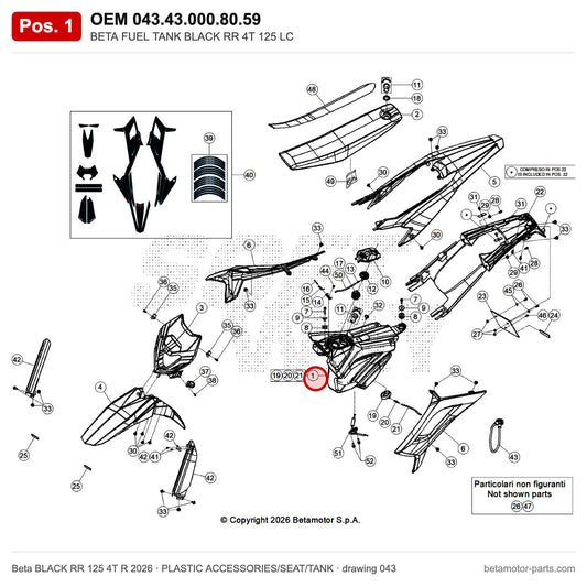 BETA FUEL TANK BLACK RR 4T 125 LC – OEM 043.43.000.80.59, position 1 on the Beta BLACK RR 125 4T R 2026 plastic accessories/seat/tank drawing