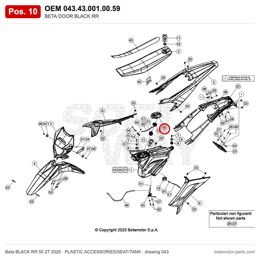 BETA DOOR BLACK RR – OEM 043.43.001.00.59, position 10 on the Beta BLACK RR 50 2T 2026 plastic accessories/seat/tank drawing