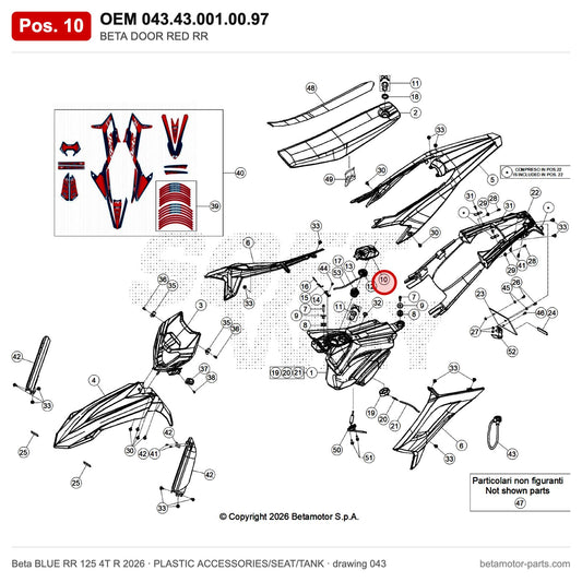 BETA DOOR RED RR – OEM 043.43.001.00.97, position 10 on the Beta BLUE RR 125 4T R 2026 plastic accessories/seat/tank drawing