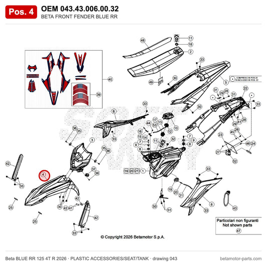 BETA FRONT FENDER BLUE RR – OEM 043.43.006.00.32, position 4 on the Beta BLUE RR 125 4T R 2026 plastic accessories/seat/tank drawing