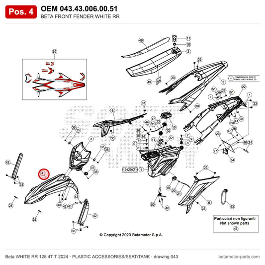 BETA FRONT FENDER WHITE RR – OEM 043.43.006.00.51, position 4 on the Beta WHITE RR 125 4T T 2024 plastic accessories/seat/tank drawing