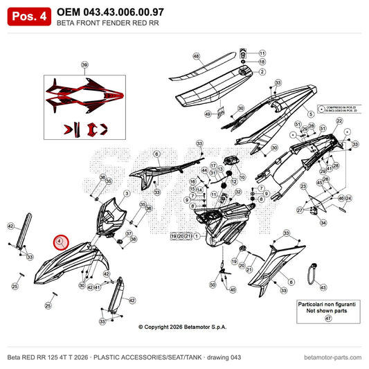 BETA FRONT FENDER RED RR – OEM 043.43.006.00.97, position 4 on the Beta RED RR 125 4T T 2026 plastic accessories/seat/tank drawing