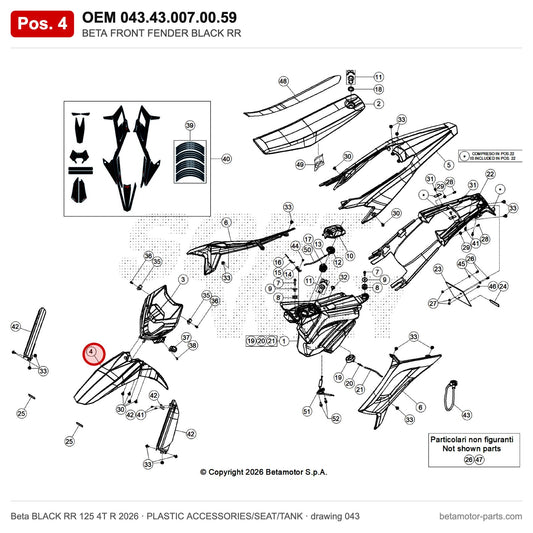 BETA FRONT FENDER BLACK RR – OEM 043.43.007.00.59, position 4 on the Beta BLACK RR 125 4T R 2026 plastic accessories/seat/tank drawing